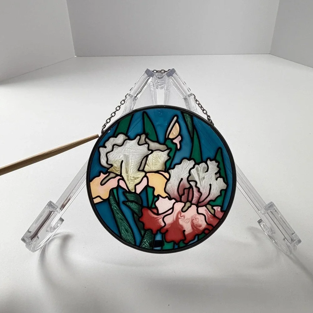 Joan Baker Designs Iris Floral Hand Painted Glass‎ Suncatcher Window Art